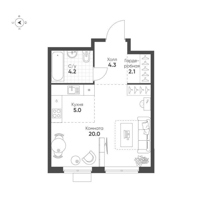 Квартира-студия, 35.6 м² - планировка, фото №1