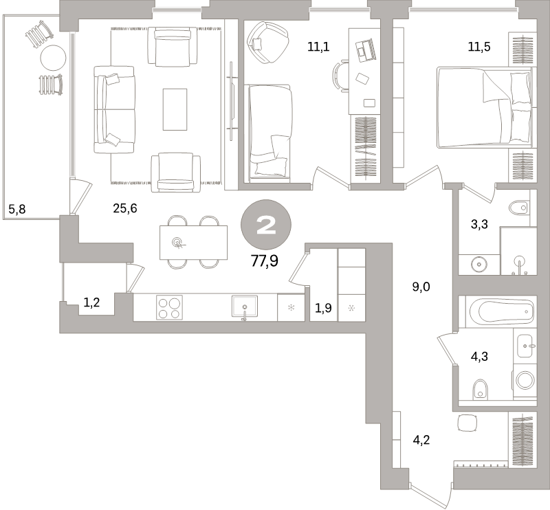 3-комнатная (Евро) квартира, 77.5 м² в ЖК "Северный ветер" - планировка, фото №1