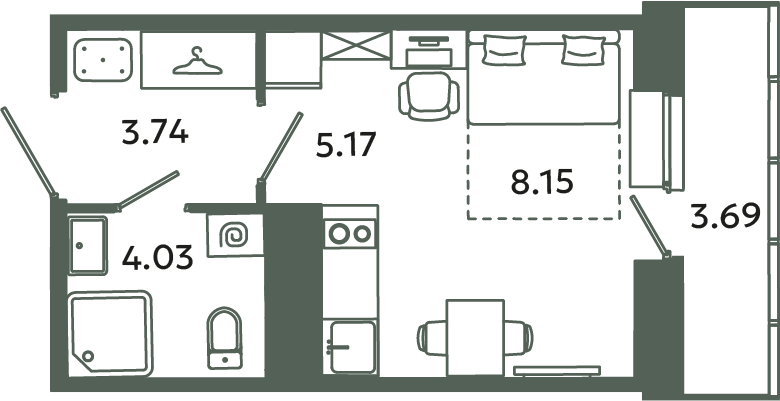 Квартира-студия, 22.2 м² в ЖК "Загляденье" - планировка, фото №1