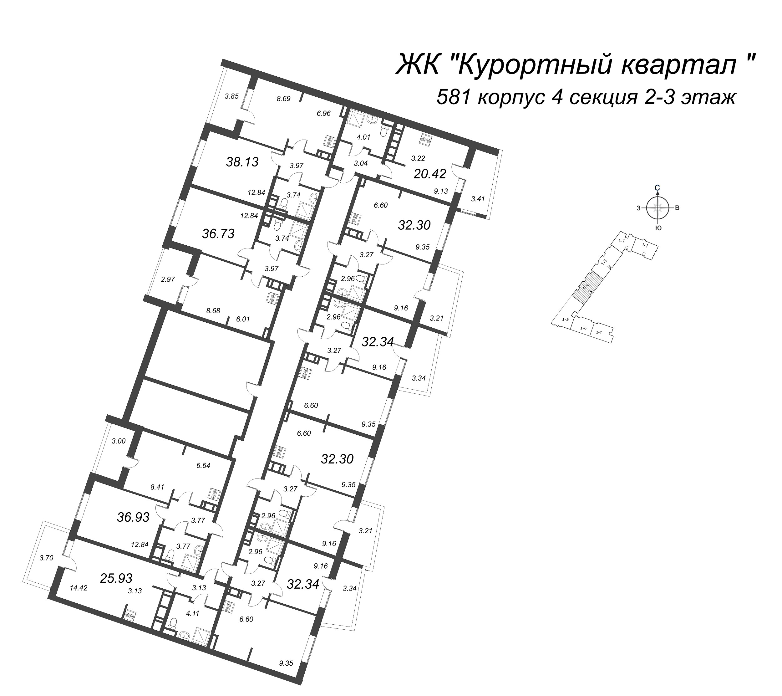 2-комнатная (Евро) квартира, 32.3 м² в ЖК "Курортный Квартал" - планировка этажа