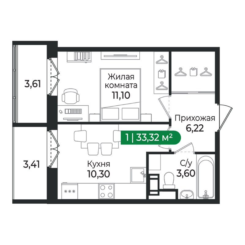 1-комнатная квартира, 33.32 м² в ЖК "Сертолово Парк" - планировка, фото №1