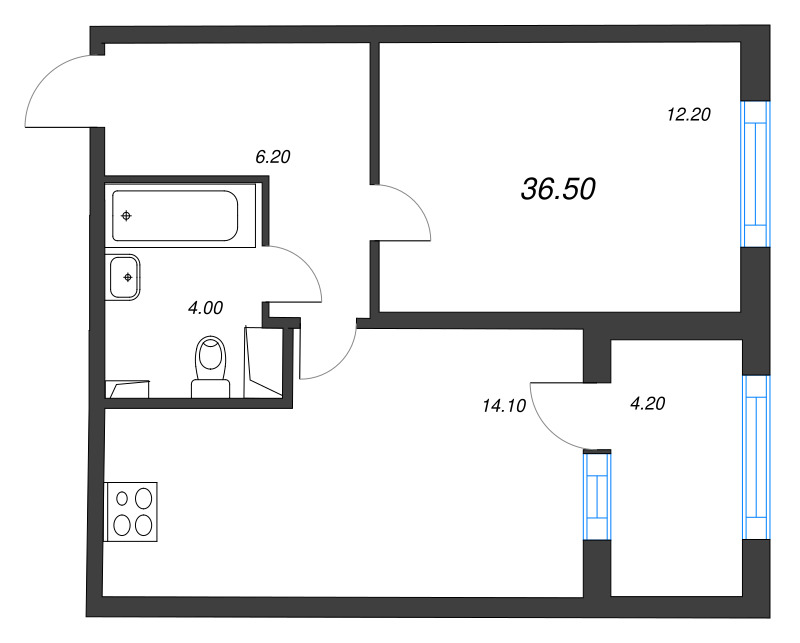 1-комнатная квартира, 36.5 м² - планировка, фото №1