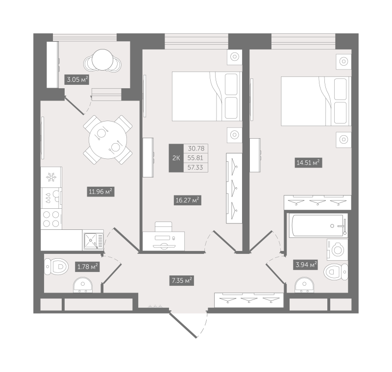 2-комнатная квартира, 57.33 м² - планировка, фото №1