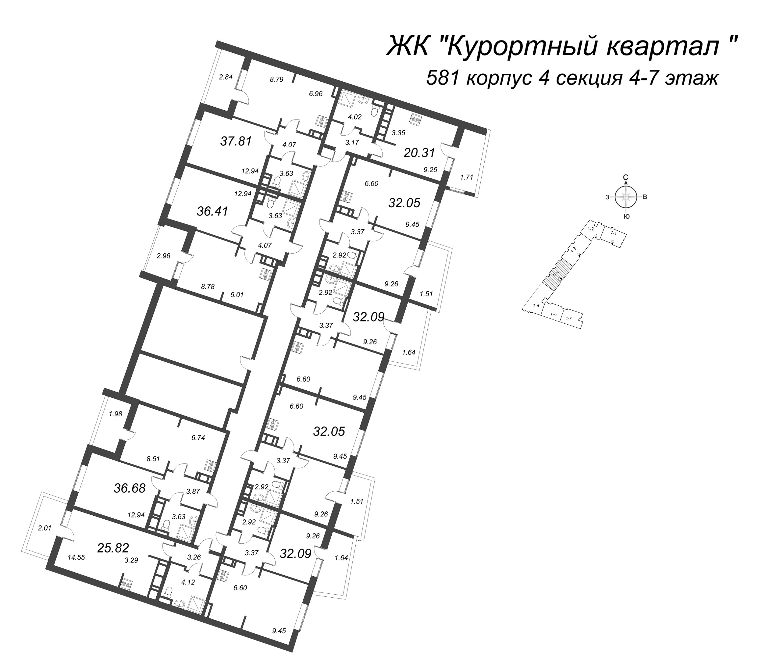 Квартира-студия, 20.31 м² в ЖК "Курортный Квартал" - планировка этажа