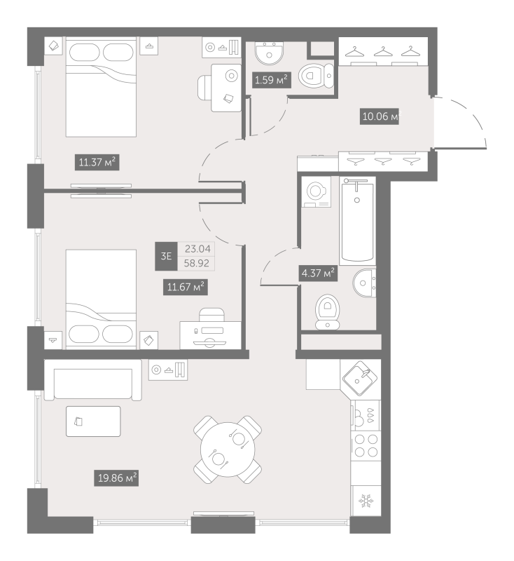 3-комнатная (Евро) квартира, 58.92 м² в ЖК "UP-квартал Новый Московский" - планировка, фото №1