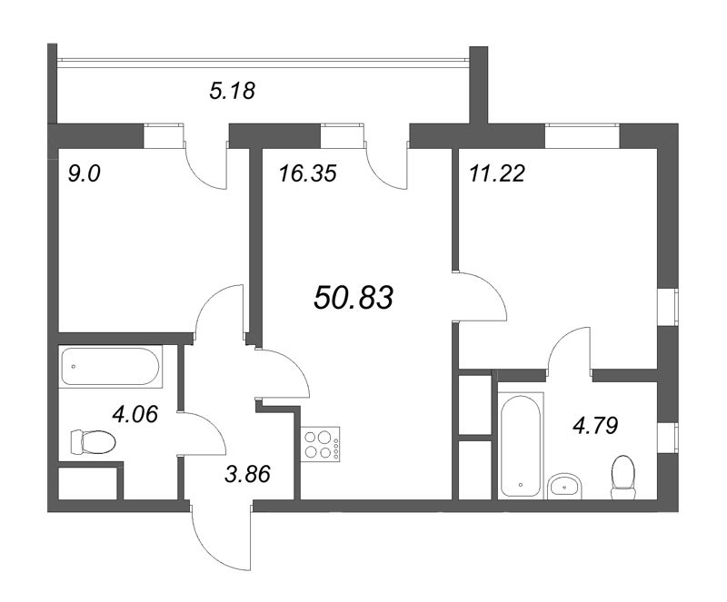 3-комнатная (Евро) квартира, 50.83 м² - планировка, фото №1