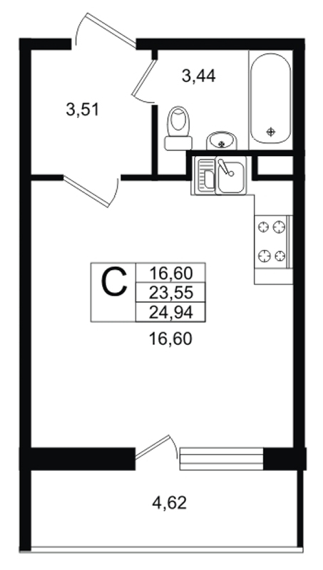 Квартира-студия, 25.3 м² в ЖК "4YOU" - планировка, фото №1