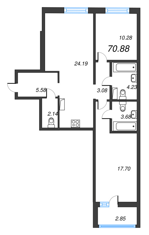 3-комнатная (Евро) квартира, 70.88 м² - планировка, фото №1