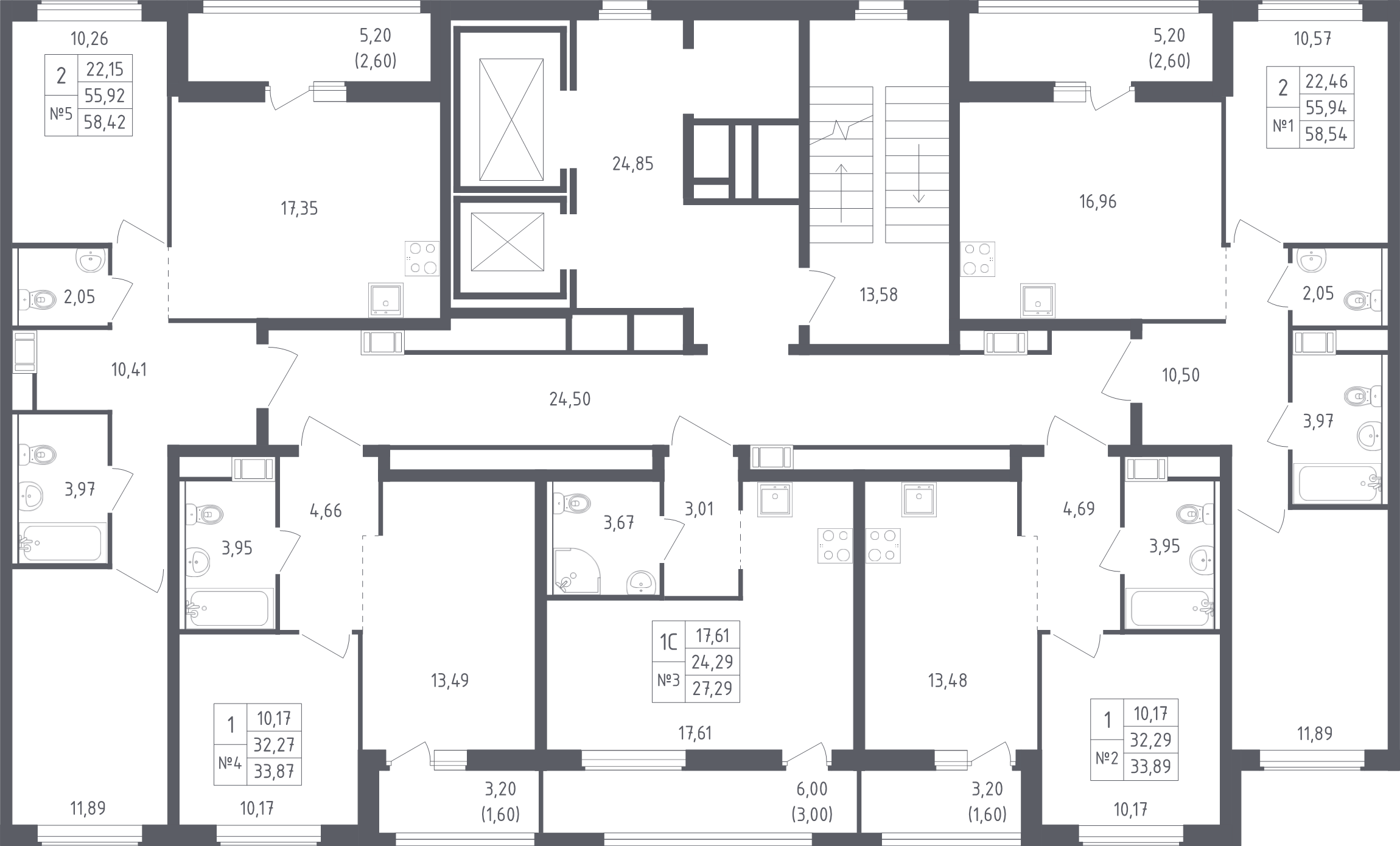 3-комнатная (Евро) квартира, 58.54 м² - планировка этажа