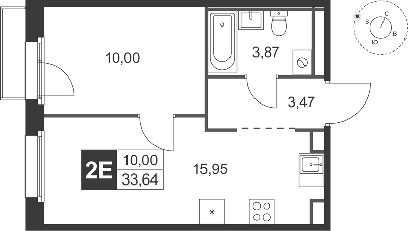 2-комнатная (Евро) квартира, 33.64 м² в ЖК "Слобода" - планировка, фото №1