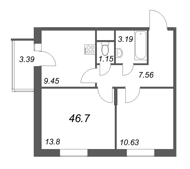 2-комнатная квартира, 46.7 м² - планировка, фото №1