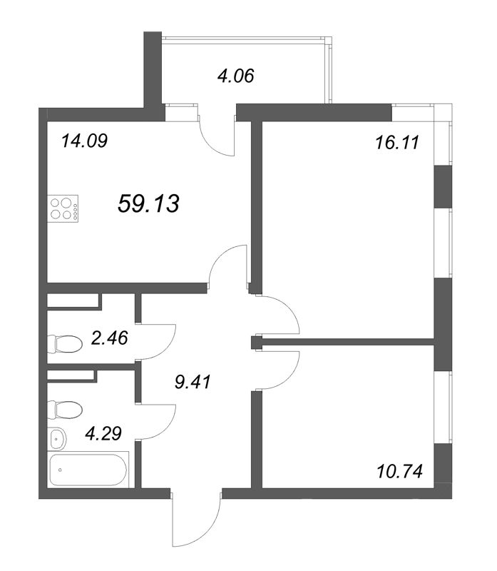 2-комнатная квартира, 59.13 м² - планировка, фото №1