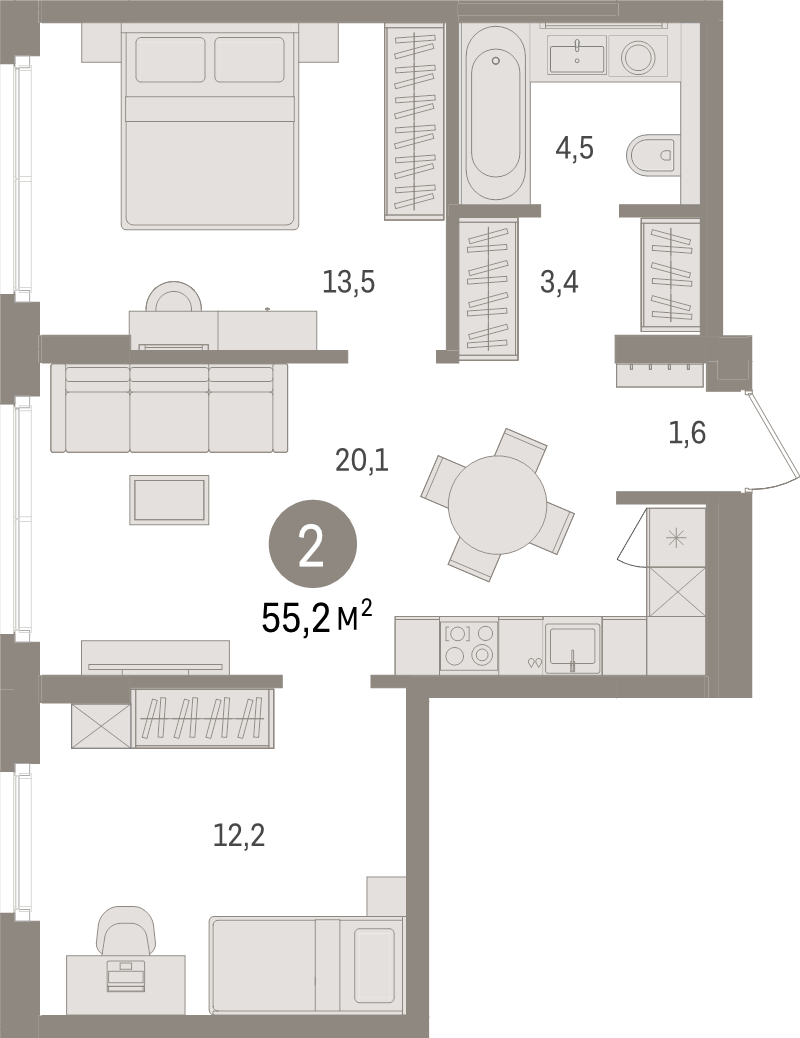 3-комнатная (Евро) квартира, 55.2 м² в ЖК "Брусника в Новоселье" - планировка, фото №1