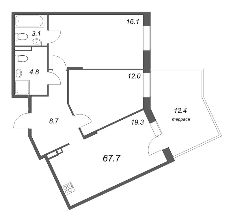 3-комнатная (Евро) квартира, 67.7 м² в ЖК "Экография" - планировка, фото №1