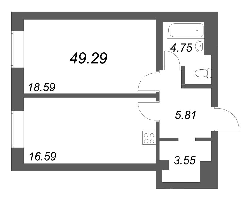 2-комнатная (Евро) квартира, 49.29 м² в ЖК "Фонтанка 130" - планировка, фото №1