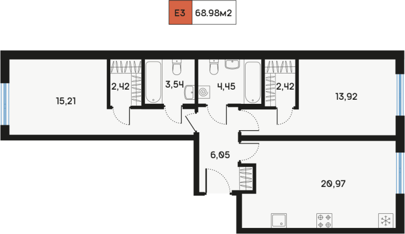 3-комнатная (Евро) квартира, 68.98 м² в ЖК "Дом Регенбоген" - планировка, фото №1