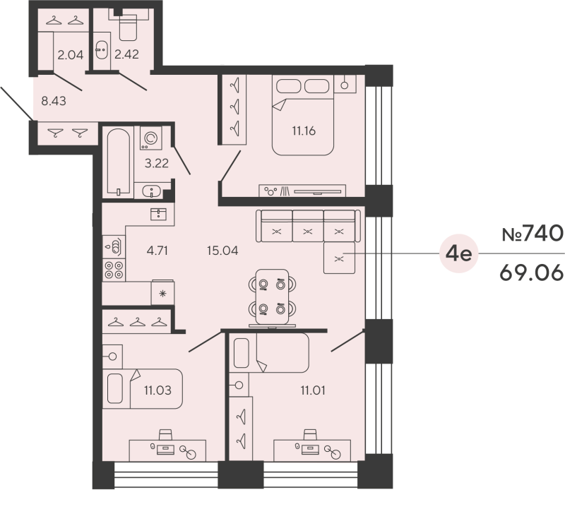 4-комнатная (Евро) квартира, 69.06 м² в ЖК "Башни Элемент" - планировка, фото №1