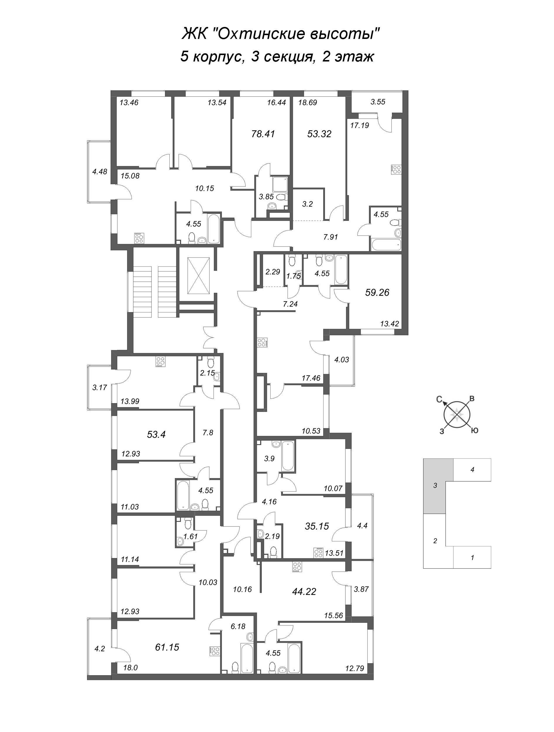 1-комнатная квартира, 35.15 м² в ЖК "Охтинские высоты" - планировка этажа