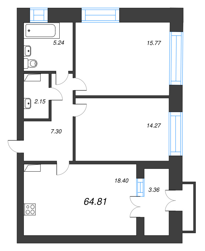 3-комнатная (Евро) квартира, 68.9 м² в ЖК "Наука" - планировка, фото №1