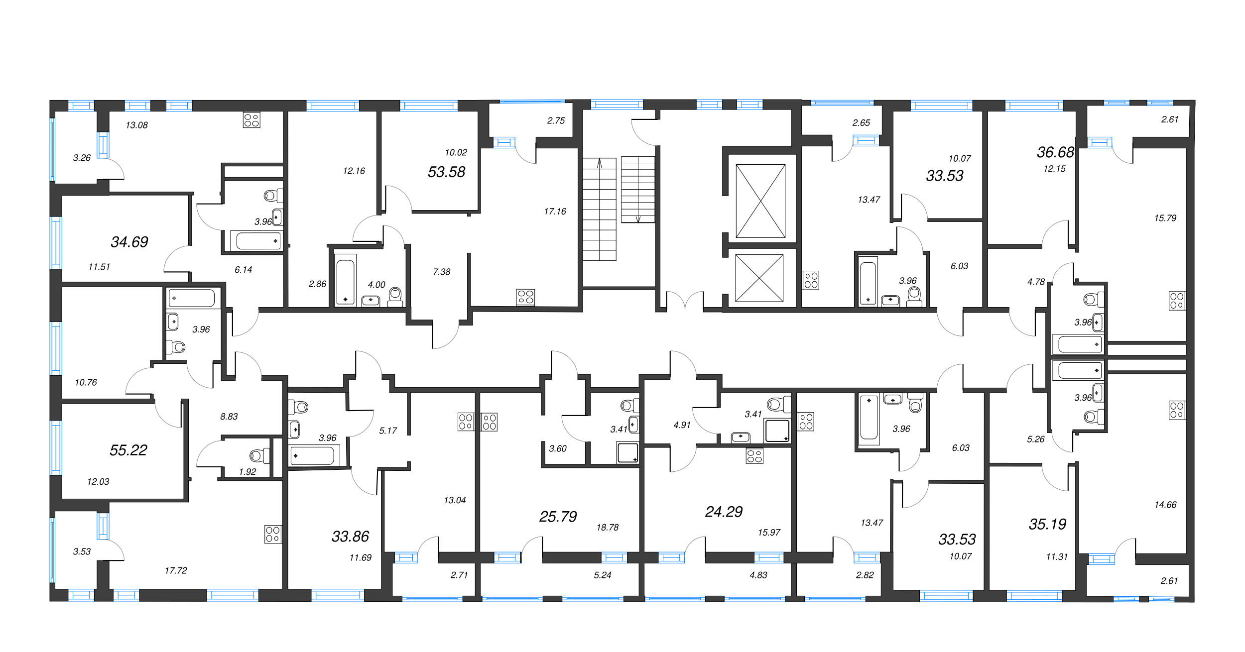 2-комнатная (Евро) квартира, 33.53 м² - планировка этажа