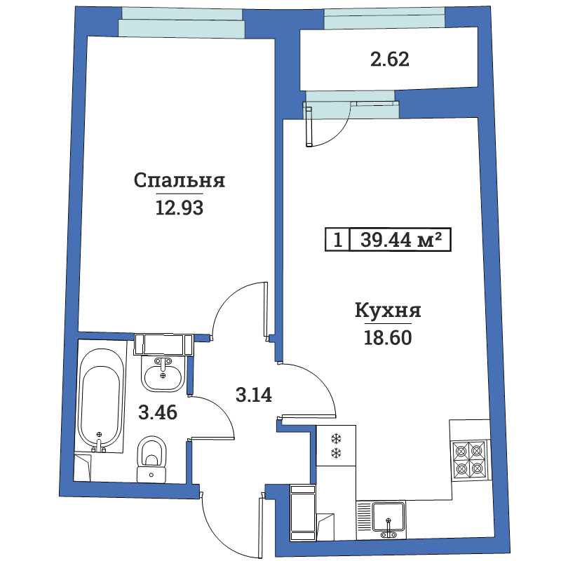 1-комнатная квартира, 39.3 м² в ЖК "Авиатор (Лидер Групп)" - планировка, фото №1