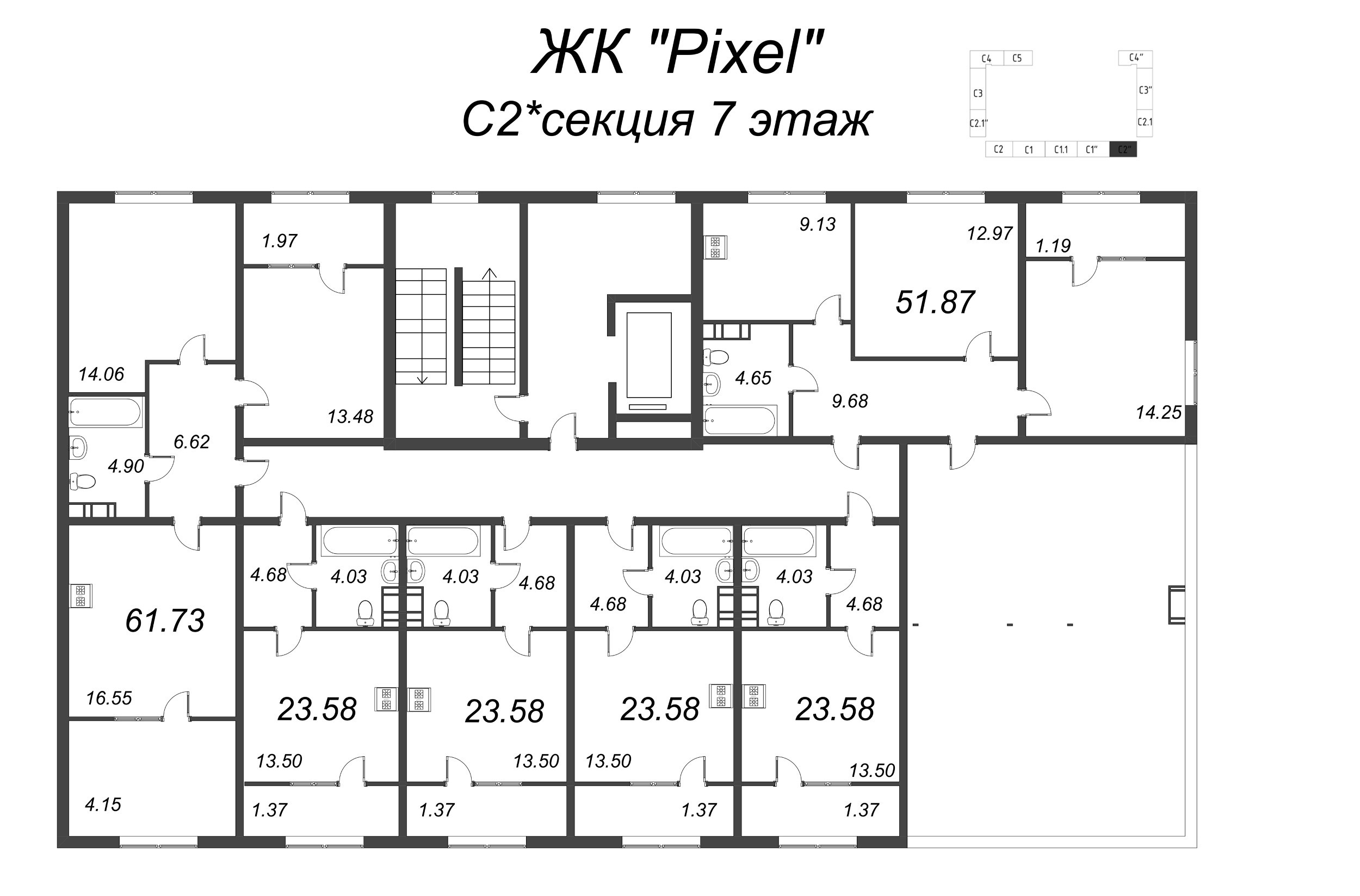 2-комнатная квартира, 72.02 м² в ЖК "Pixel" - планировка этажа