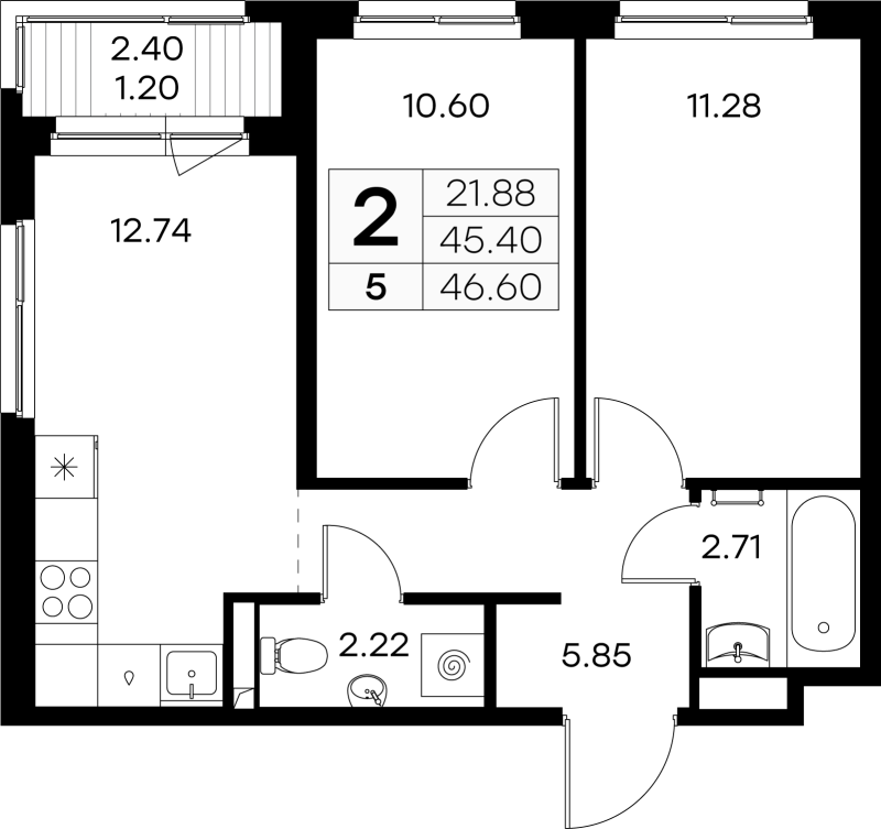 2-комнатная квартира, 46.6 м² - планировка, фото №1