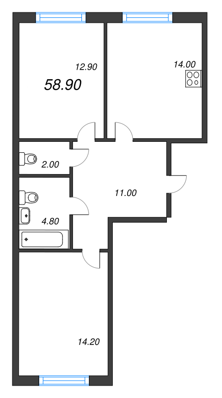 2-комнатная квартира, 58.9 м² - планировка, фото №1