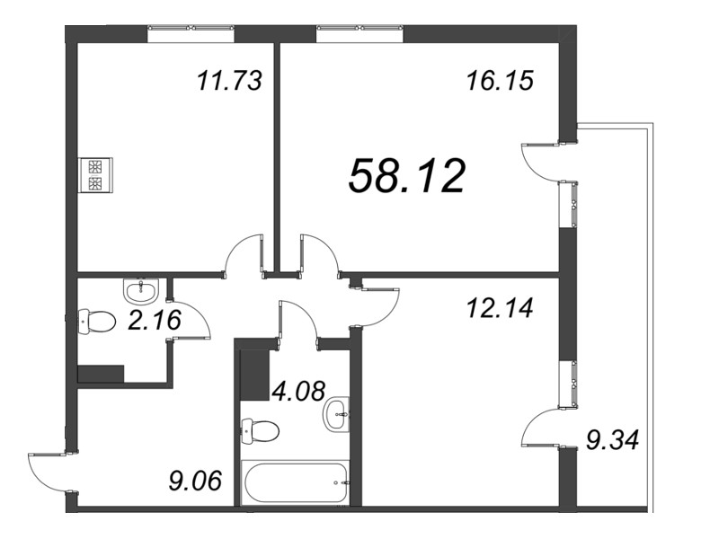 2-комнатная квартира, 58.12 м² - планировка, фото №1