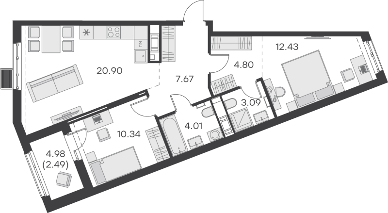 3-комнатная (Евро) квартира, 65.73 м² - планировка, фото №1