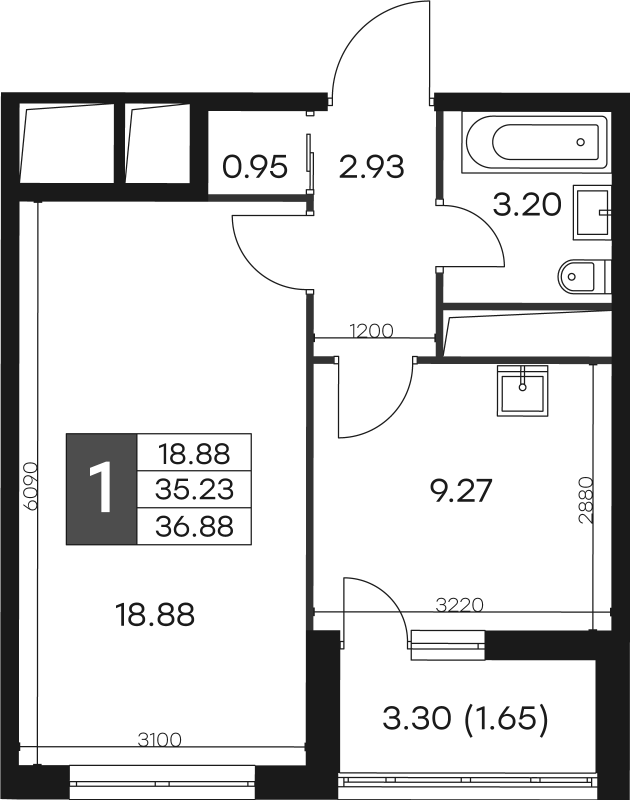 1-комнатная квартира, 36.88 м² в ЖК "GloraX Заневский" - планировка, фото №1