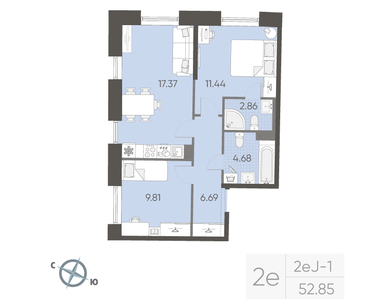 3-комнатная (Евро) квартира, 52.85 м² в ЖК "Бульвар Грина" - планировка, фото №1