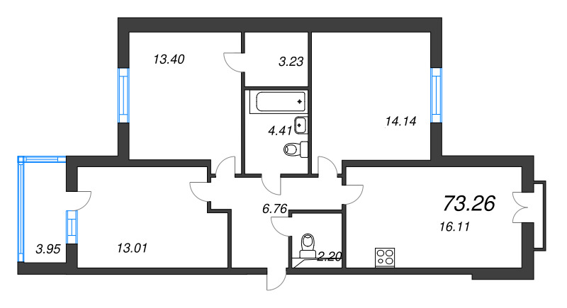 4-комнатная (Евро) квартира, 73.26 м² в ЖК "Любоград" - планировка, фото №1