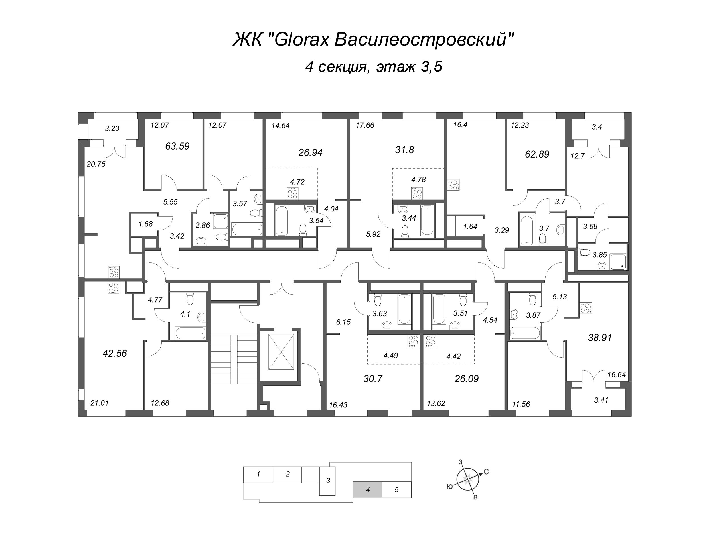 Квартира-студия, 30.7 м² в ЖК "GloraX Василеостровский" - планировка этажа