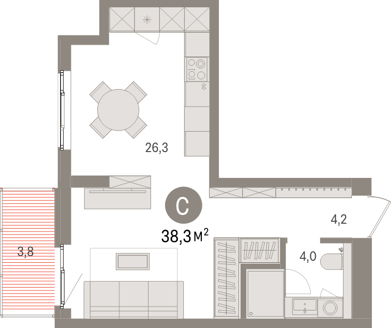 Квартира-студия, 38.3 м² в ЖК "Брусника в Новоселье" - планировка, фото №1