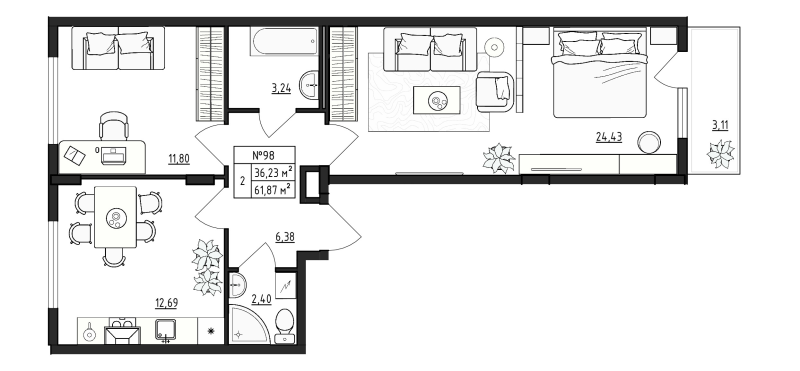 2-комнатная квартира, 61.87 м² - планировка, фото №1