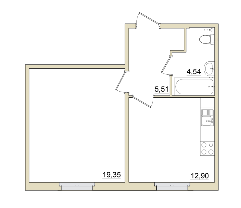 1-комнатная квартира, 42.2 м² - планировка, фото №1