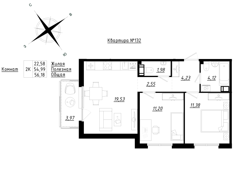 3-комнатная (Евро) квартира, 56.18 м² - планировка, фото №1