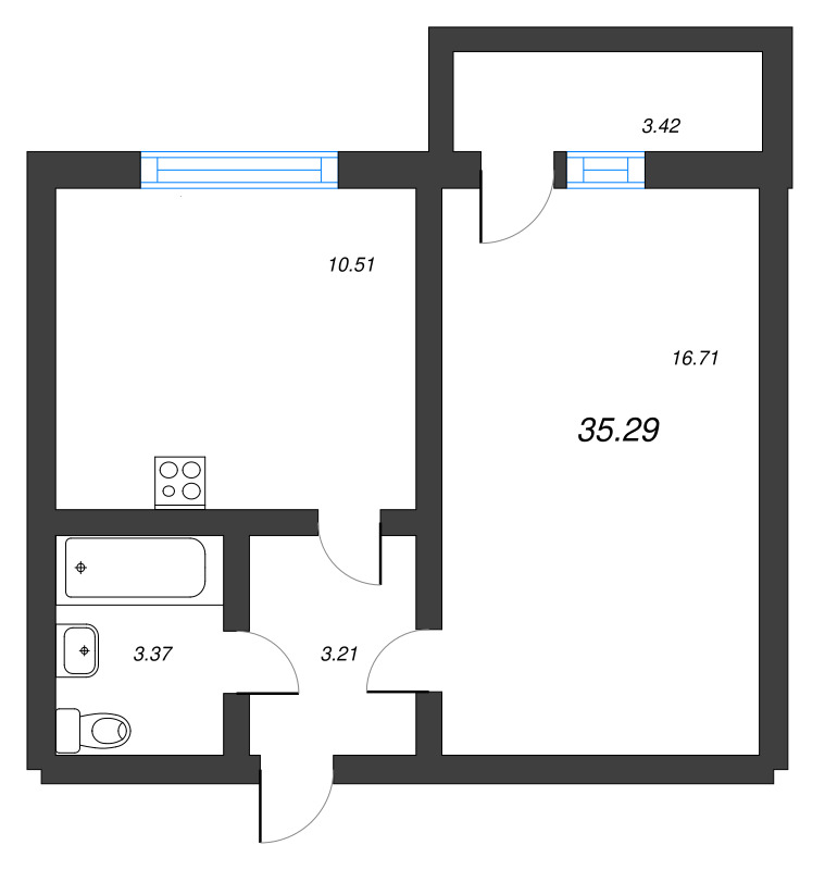 1-комнатная квартира, 35.29 м² - планировка, фото №1