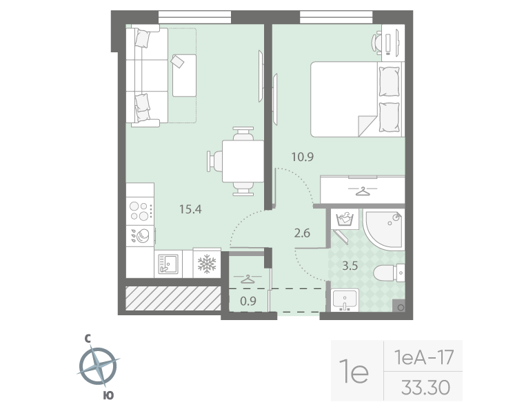 2-комнатная (Евро) квартира, 33.3 м² в ЖК "Дыбенко Парк" - планировка, фото №1