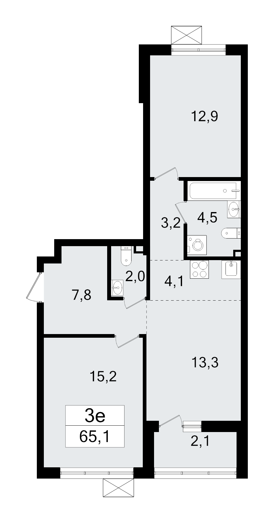 3-комнатная (Евро) квартира, 65.1 м² - планировка, фото №1