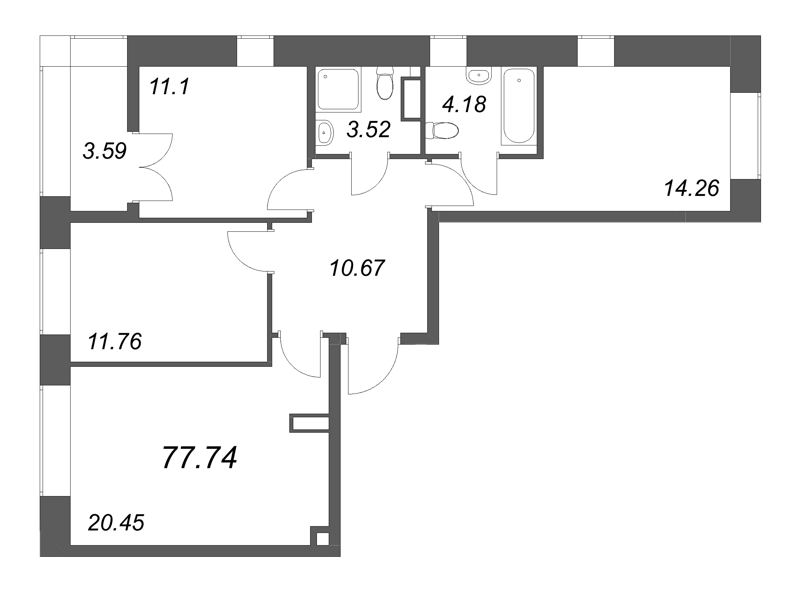 4-комнатная (Евро) квартира, 77.74 м² в ЖК "NewПитер 2.0" - планировка, фото №1