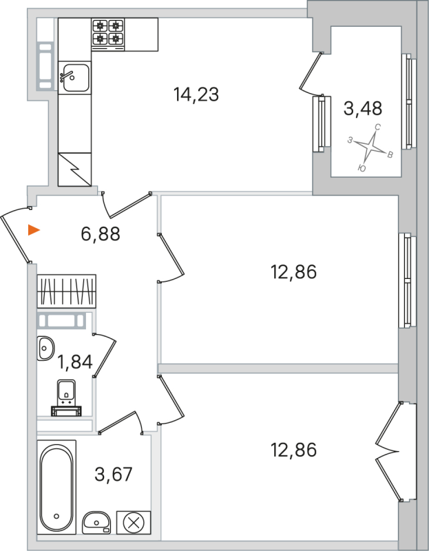 2-комнатная квартира, 52.34 м² в ЖК "Дубровский" - планировка, фото №1