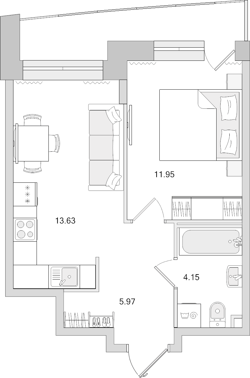 1-комнатная квартира, 35.7 м² - планировка, фото №1