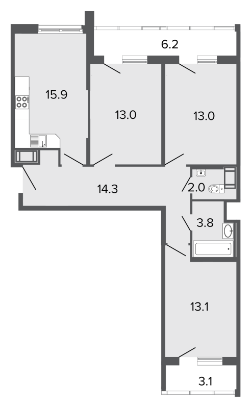 3-комнатная квартира, 75.1 м² в ЖК "Ultra City" - планировка, фото №1