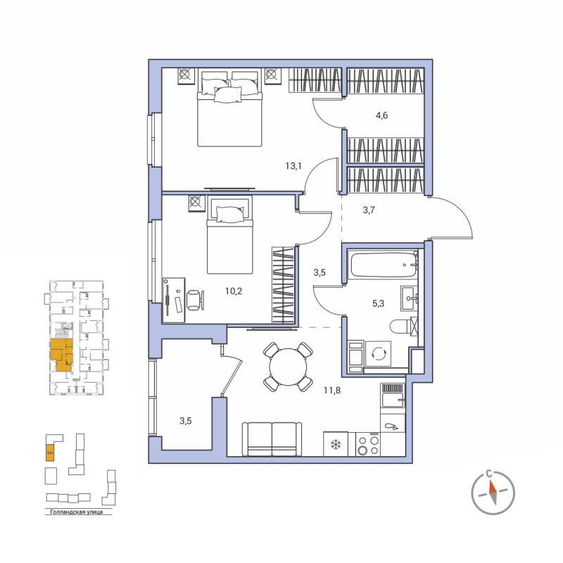 2-комнатная квартира, 53.9 м² в ЖК "Янила Форест" - планировка, фото №1