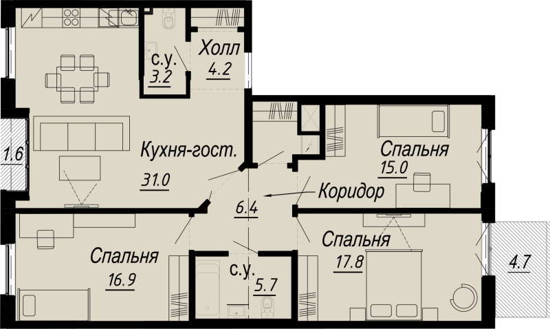 4-комнатная (Евро) квартира, 107.12 м² - планировка, фото №1