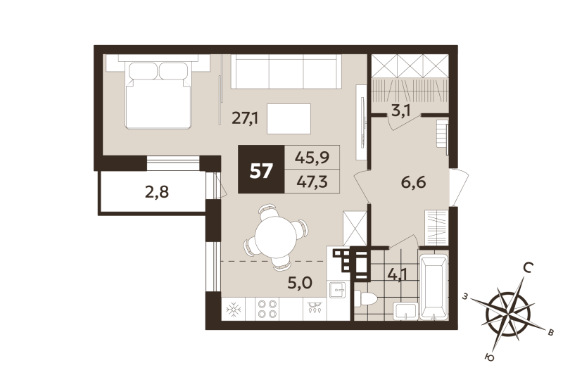 Квартира-студия, 45.9 м² в ЖК "Дом на Бронницкой" - планировка, фото №1