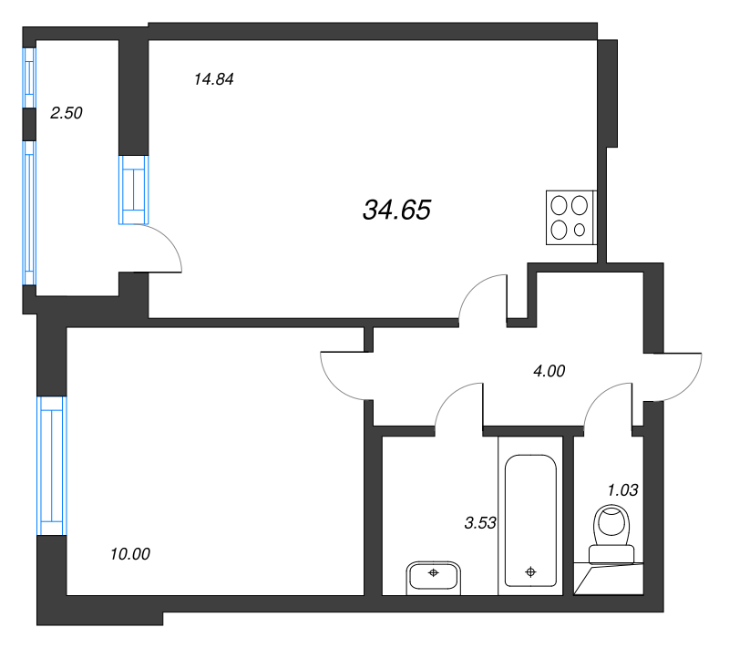 1-комнатная квартира, 34.65 м² - планировка, фото №1