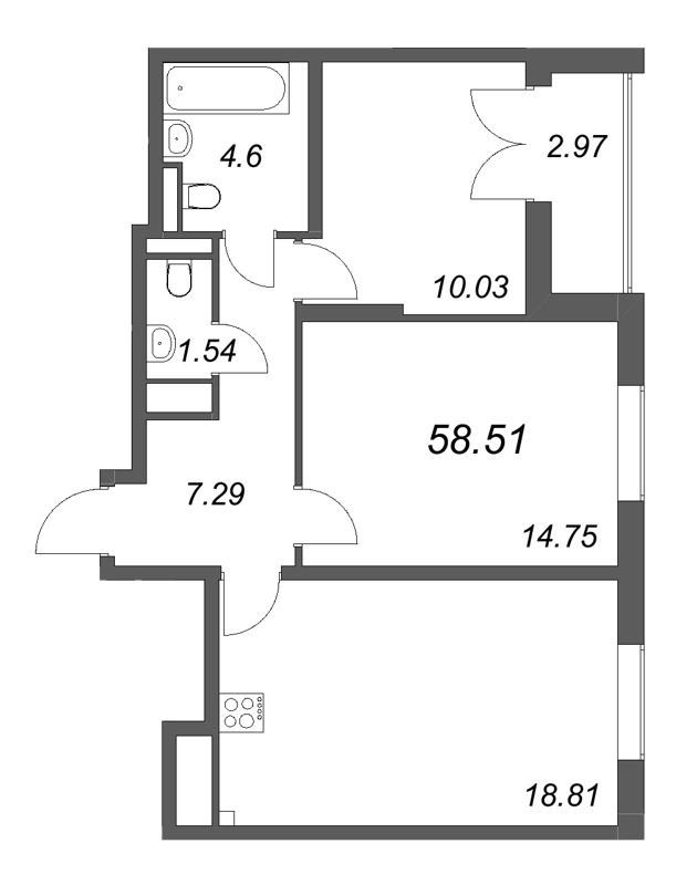 3-комнатная (Евро) квартира, 58.51 м² в ЖК "Цивилизация на неве" - планировка, фото №1